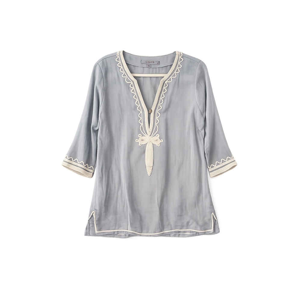 Calypso St Barth Womens Blue Linen Embroidered Tunic Top Boho Coastal Size S